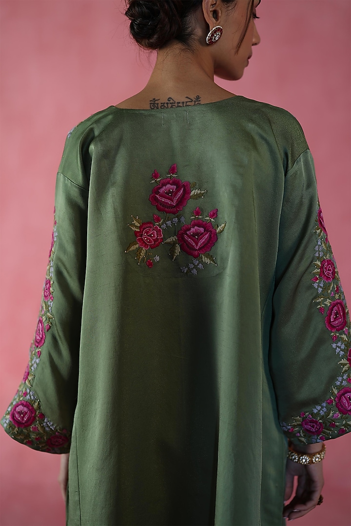 Olive Green Dola Silk Moti Work Kaftan by Begum Pret at Pernia's Pop Up Shop