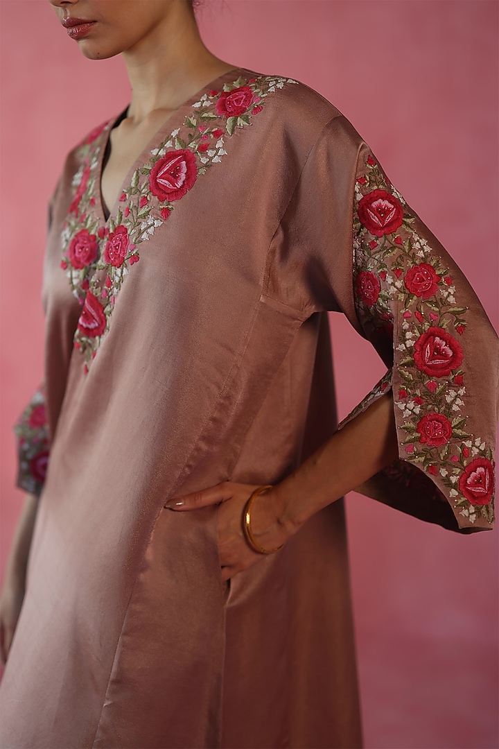 Beige Dola Silk Moti Work Kaftan by Begum Pret at Pernia's Pop Up Shop