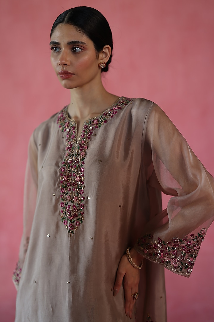 Beige Habutai Silk Zardosi & Resham Embroidered Kurta Set by Begum Pret at Pernia's Pop Up Shop