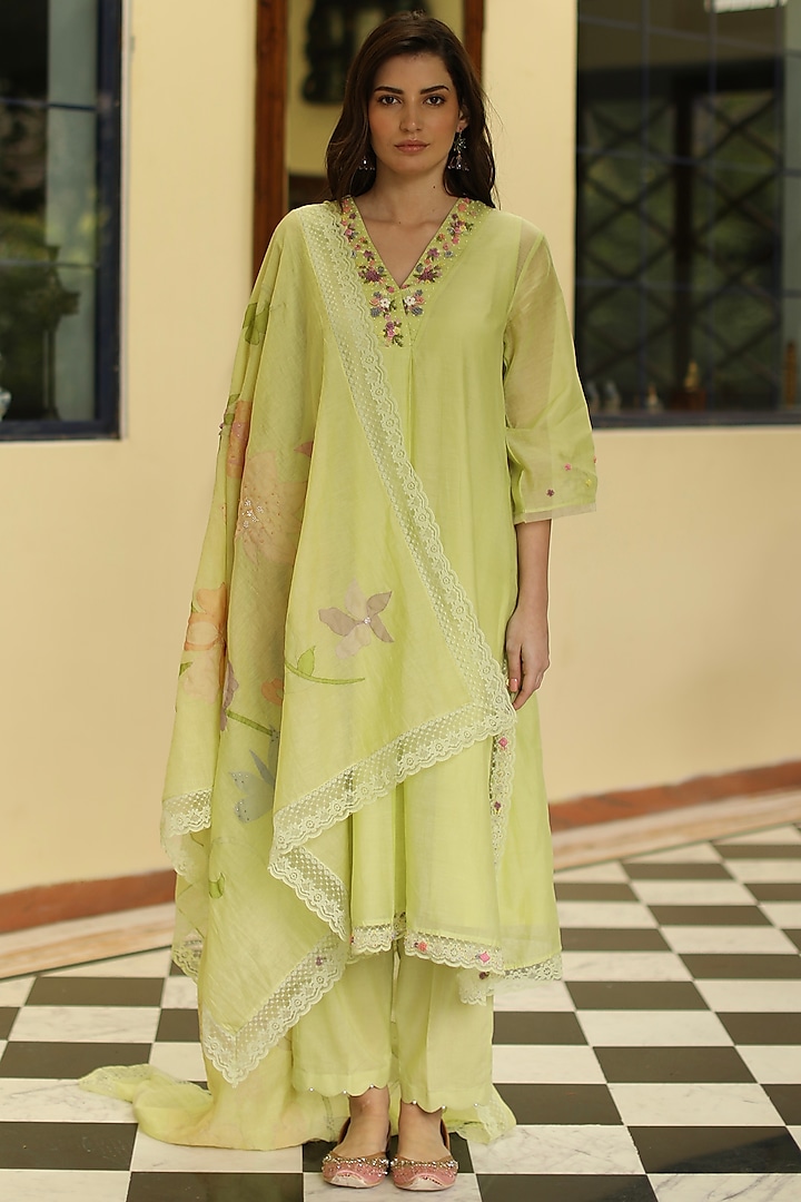 Mint Green Embroidered Kurta Set by Begum Pret