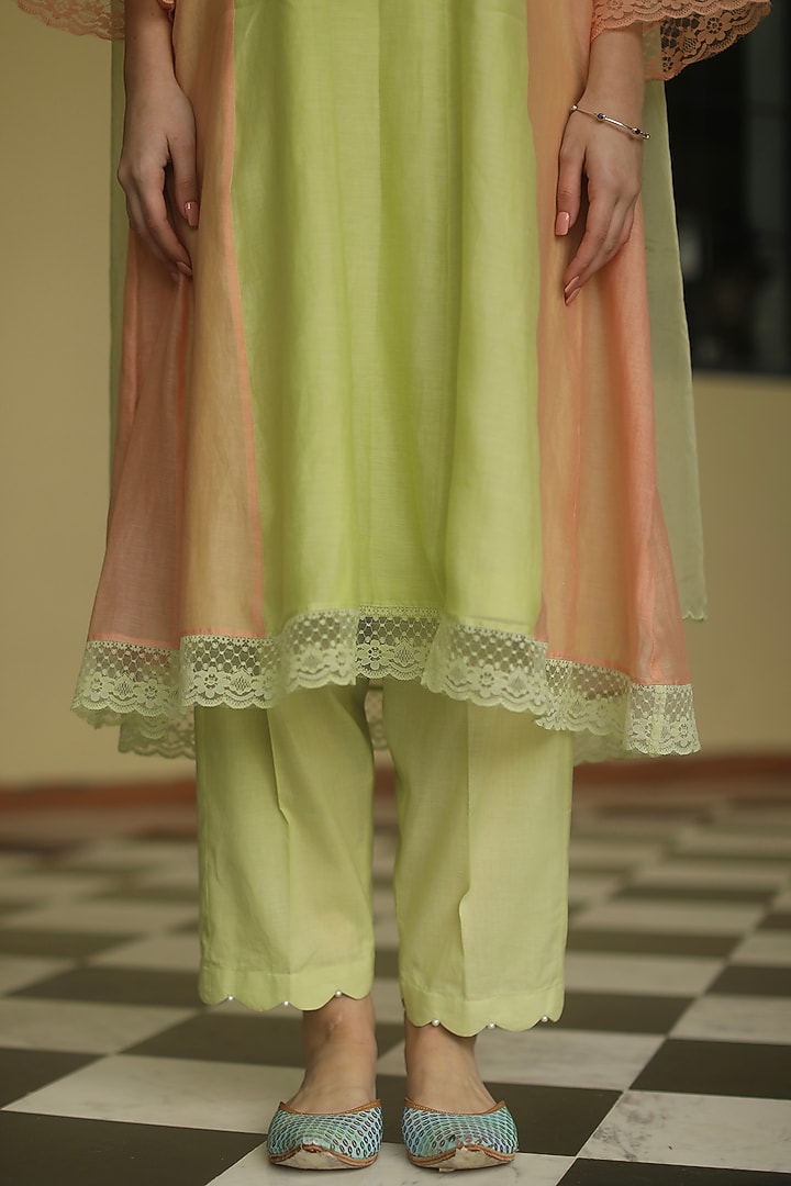 Mint Green & Peach Embroidered Kurta Set by Begum Pret at Pernia's Pop Up Shop