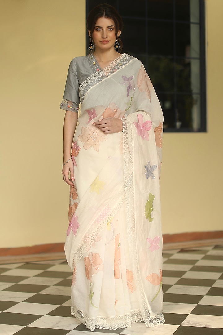 Ivory Chanderi Saree Set by Begum Pret