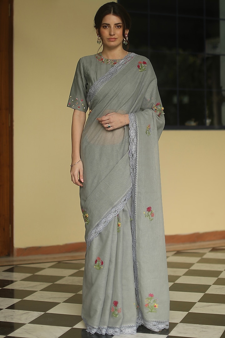 Grey Handloom Kota Party Wear Saree Set by Begum Pret at Pernia's Pop Up Shop