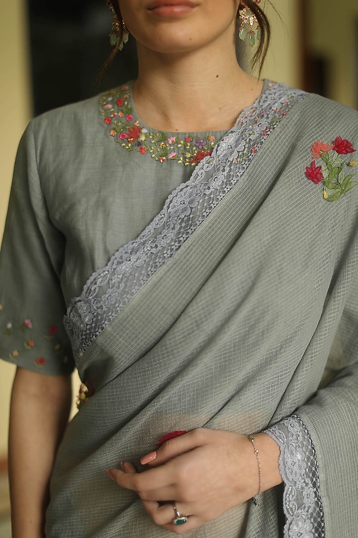 Grey Handloom Kota Party Wear Saree Set by Begum Pret at Pernia's Pop Up Shop