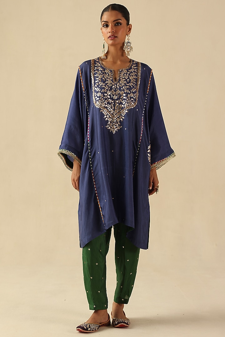 Ink Blue Habutai Silk Gota Hand Embroidered Kurta Set by Begum Pret at Pernia's Pop Up Shop