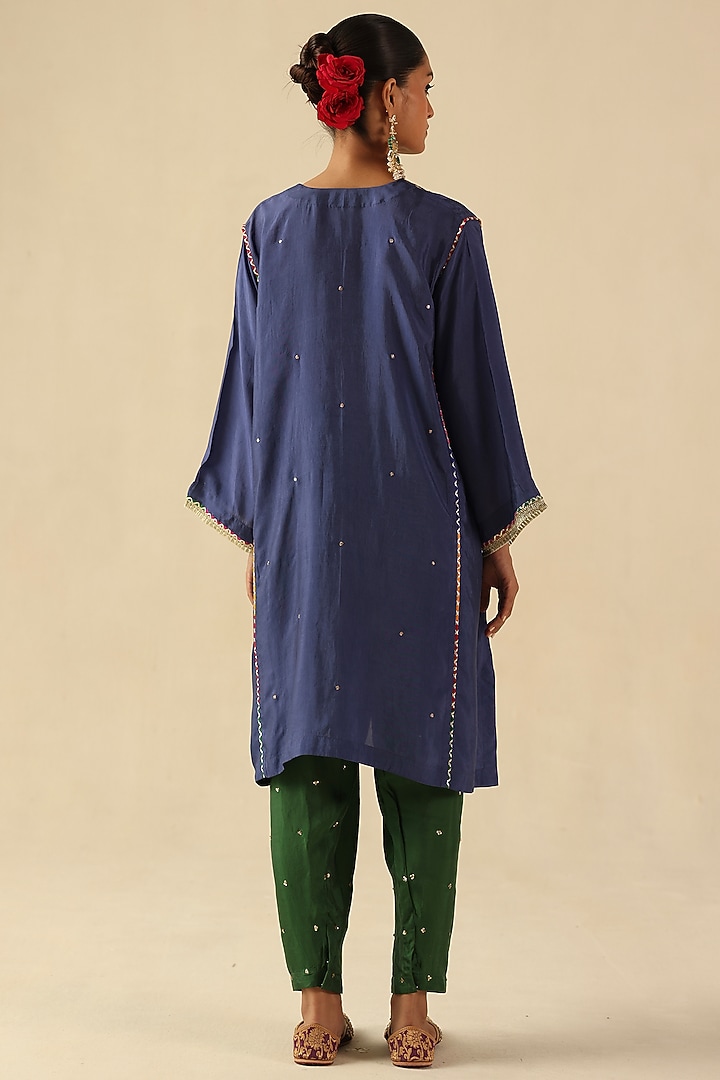 Ink Blue Habutai Silk Gota Hand Embroidered Kurta Set by Begum Pret at Pernia's Pop Up Shop