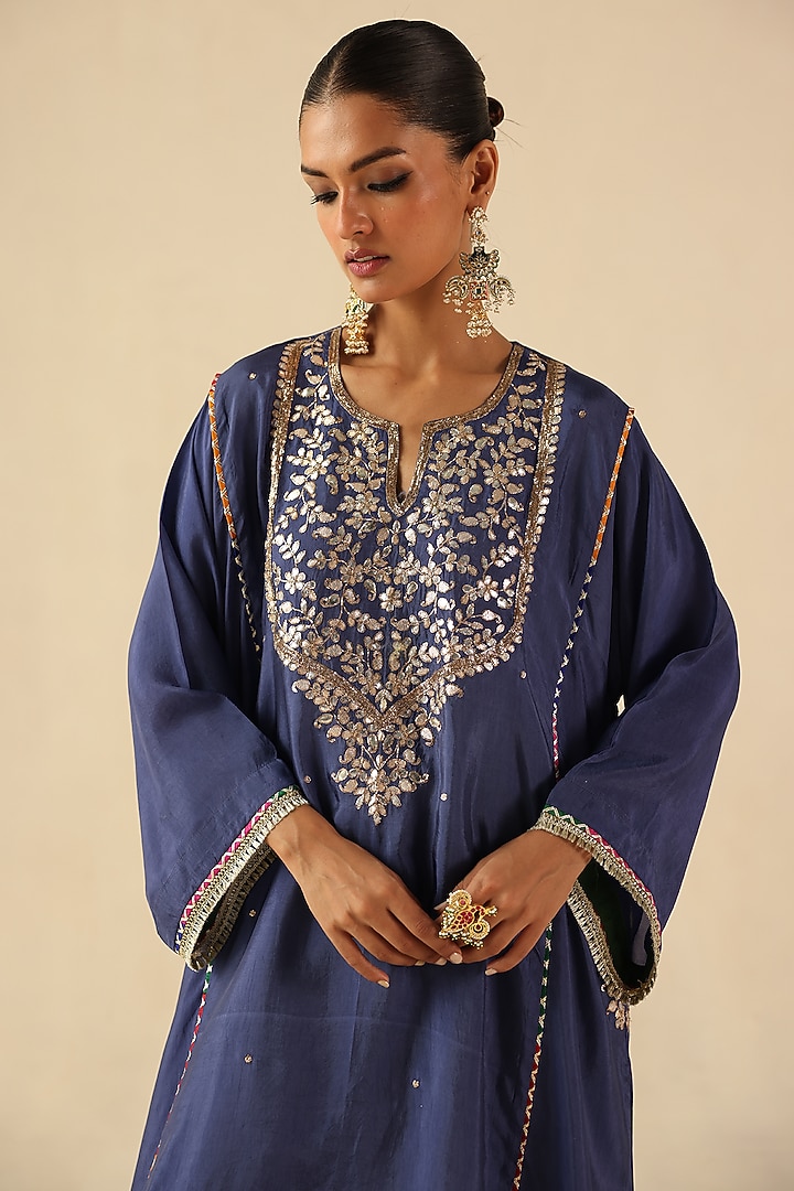 Ink Blue Habutai Silk Gota Hand Embroidered Kurta Set by Begum Pret at Pernia's Pop Up Shop
