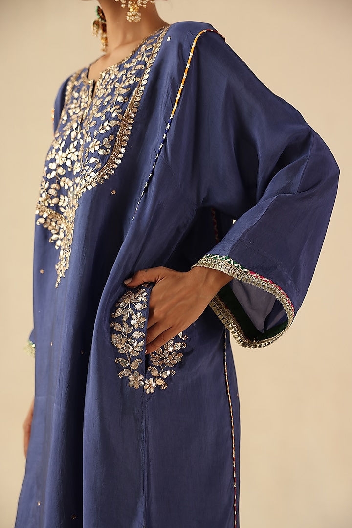 Ink Blue Habutai Silk Gota Hand Embroidered Kurta Set by Begum Pret at Pernia's Pop Up Shop