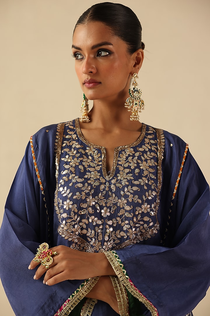 Ink Blue Habutai Silk Gota Hand Embroidered Kurta Set by Begum Pret at Pernia's Pop Up Shop