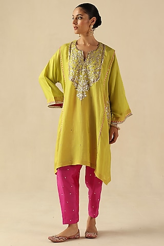 Lime Green Habutai Silk Gota Hand Embroidered Kurta Set by Begum Pret