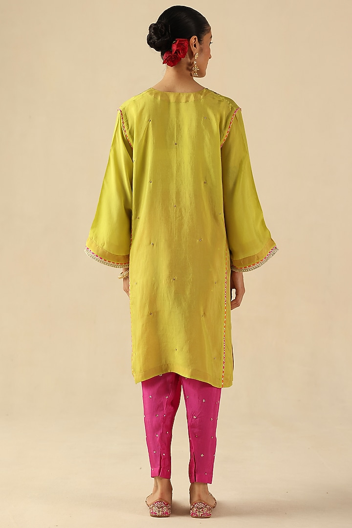 Lime Green Habutai Silk Gota Hand Embroidered Kurta Set by Begum Pret at Pernia's Pop Up Shop