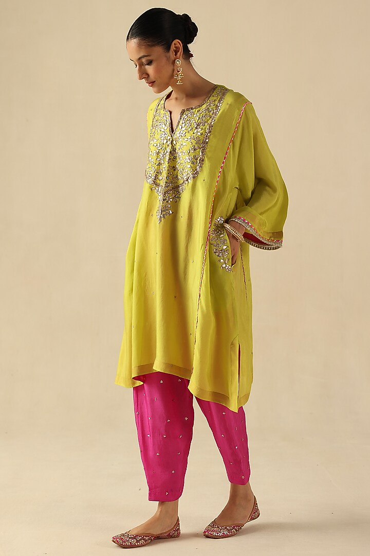Lime Green Habutai Silk Gota Hand Embroidered Kurta Set by Begum Pret at Pernia's Pop Up Shop