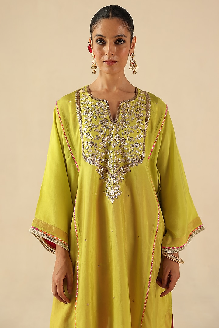 Lime Green Habutai Silk Gota Hand Embroidered Kurta Set by Begum Pret at Pernia's Pop Up Shop