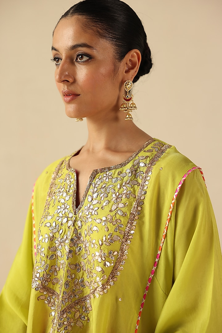 Lime Green Habutai Silk Gota Hand Embroidered Kurta Set by Begum Pret at Pernia's Pop Up Shop