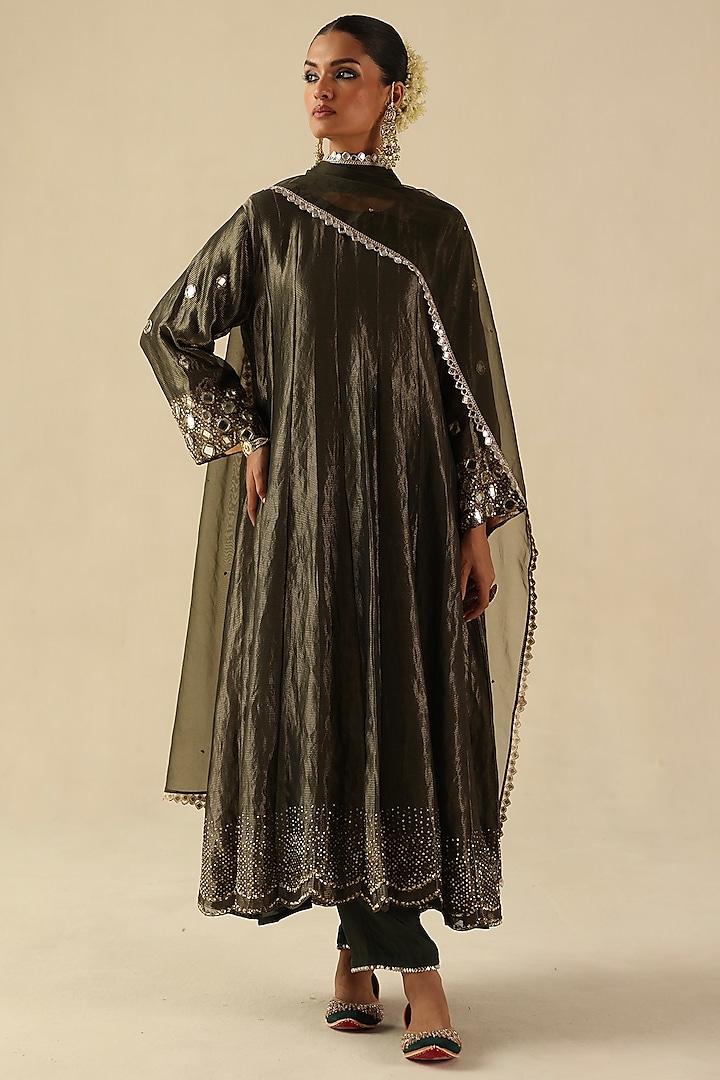 Olive Green Zari Silk Mirror Hand Embroidered Kalidar Kurta Set by Begum Pret at Pernia's Pop Up Shop