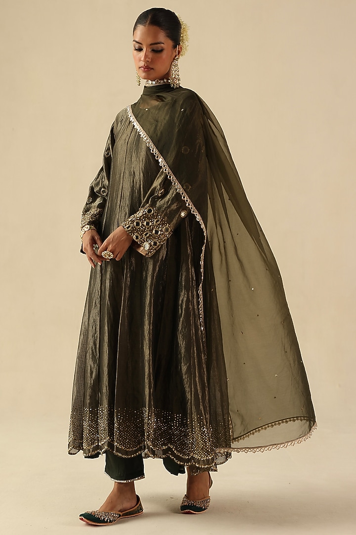 Olive Green Zari Silk Mirror Hand Embroidered Kalidar Kurta Set by Begum Pret at Pernia's Pop Up Shop