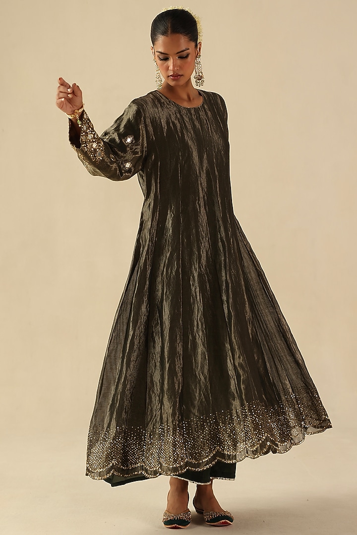 Olive Green Zari Silk Mirror Hand Embroidered Kalidar Kurta Set by Begum Pret at Pernia's Pop Up Shop