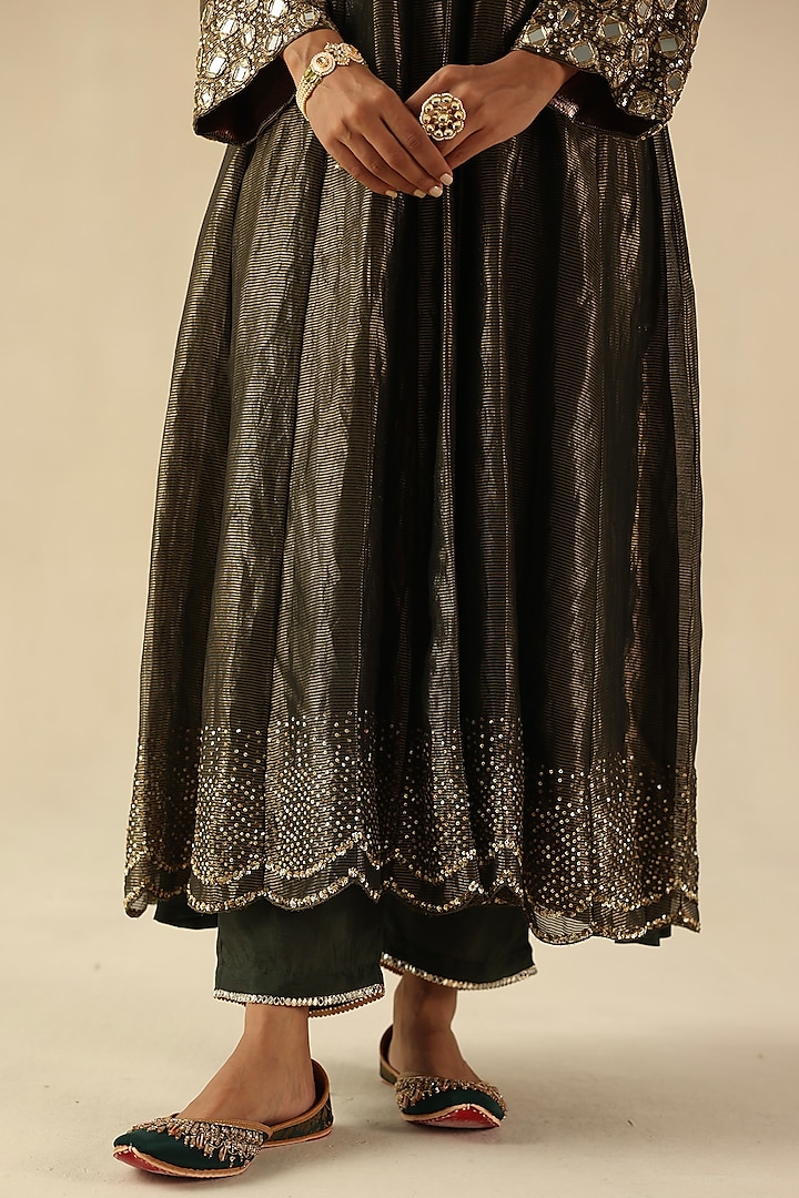 Olive Green Zari Silk Mirror Hand Embroidered Kalidar Kurta Set by Begum Pret at Pernia's Pop Up Shop