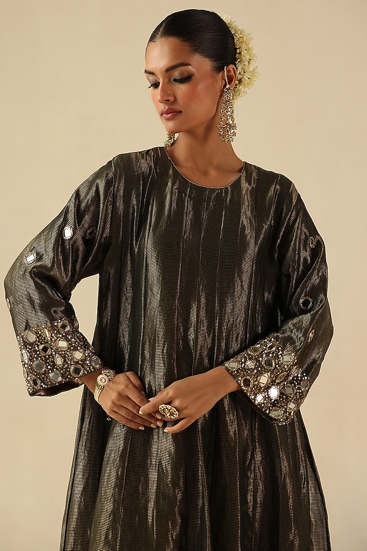 Olive Green Zari Silk Mirror Hand Embroidered Kalidar Kurta Set by Begum Pret at Pernia's Pop Up Shop