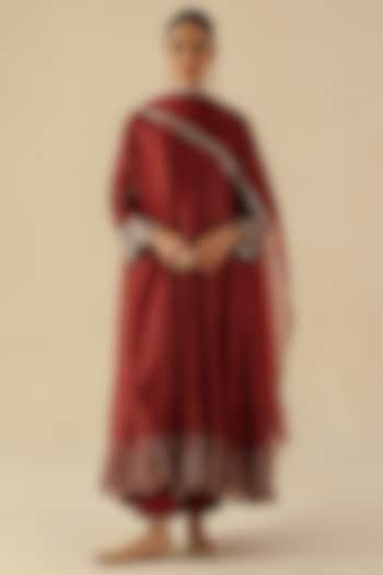 Garnet Red Zari Silk Mirror Hand Embroidered Kalidar Kurta Set by Begum Pret at Pernia's Pop Up Shop