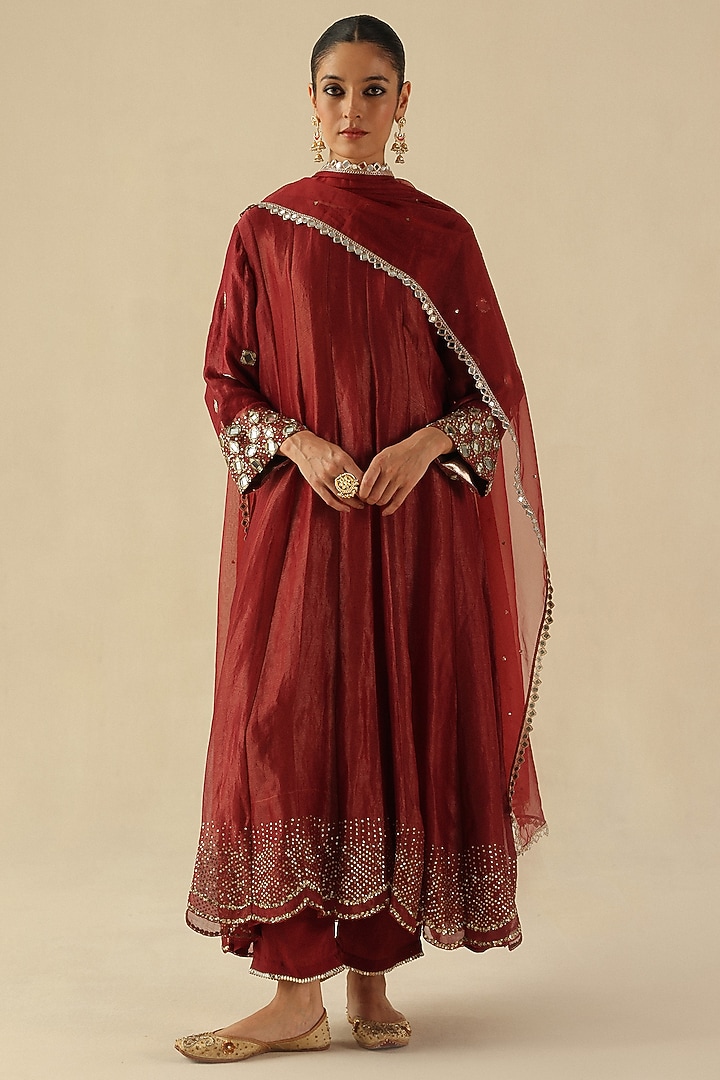 Garnet Red Zari Silk Mirror Hand Embroidered Kalidar Kurta Set by Begum Pret at Pernia's Pop Up Shop