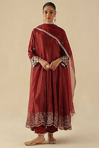 Garnet Red Zari Silk Mirror Hand Embroidered Kalidar Kurta Set by Begum Pret