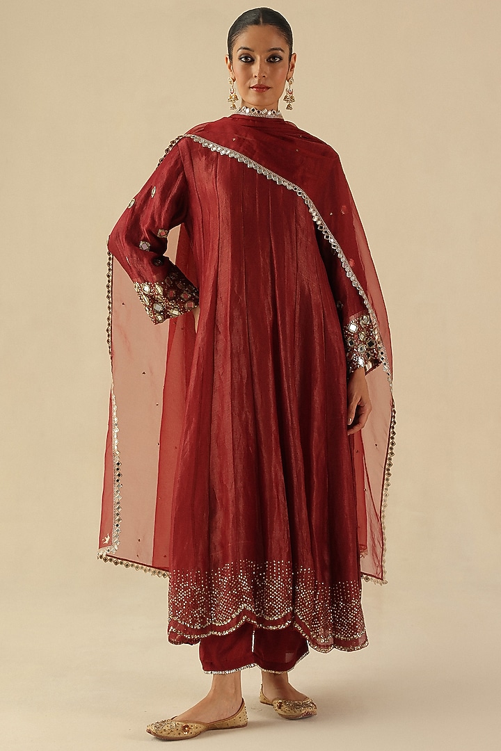 Garnet Red Zari Silk Mirror Hand Embroidered Kalidar Kurta Set by Begum Pret at Pernia's Pop Up Shop