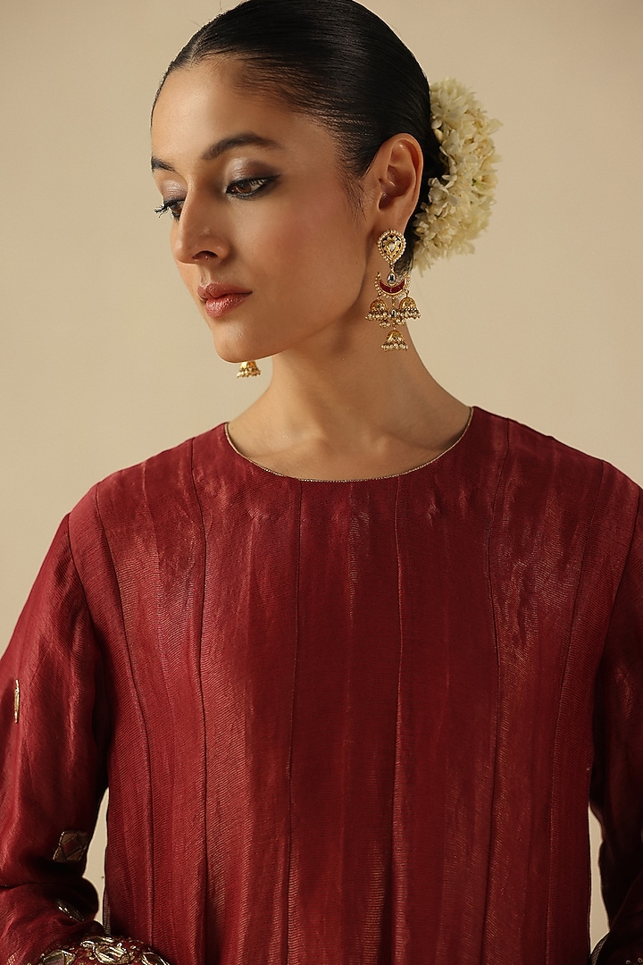 Garnet Red Zari Silk Mirror Hand Embroidered Kalidar Kurta Set by Begum Pret at Pernia's Pop Up Shop