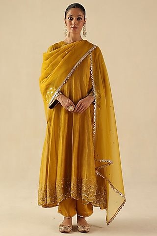 Yellow Zari Silk Mirror Hand Embroidered Kalidar Kurta Set by Begum Pret