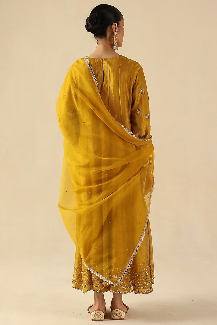Yellow Zari Silk Mirror Hand Embroidered Kalidar Kurta Set by Begum Pret at Pernia's Pop Up Shop