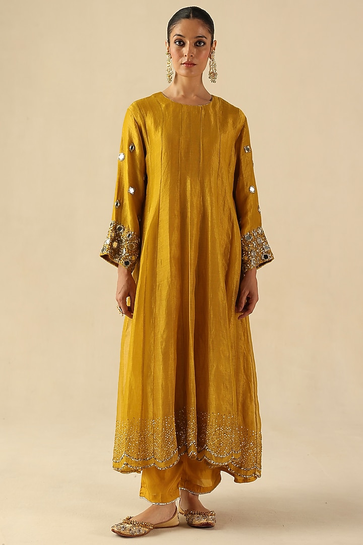 Yellow Zari Silk Mirror Hand Embroidered Kalidar Kurta Set by Begum Pret at Pernia's Pop Up Shop