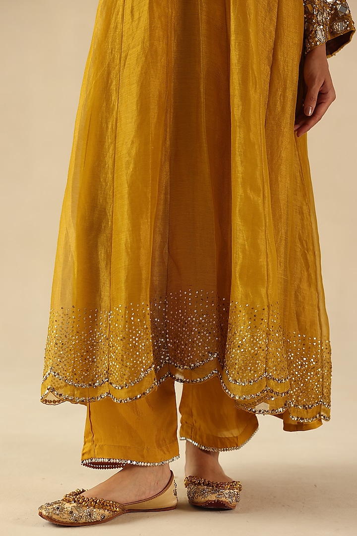 Yellow Zari Silk Mirror Hand Embroidered Kalidar Kurta Set by Begum Pret at Pernia's Pop Up Shop