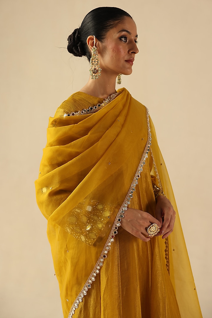 Yellow Zari Silk Mirror Hand Embroidered Kalidar Kurta Set by Begum Pret at Pernia's Pop Up Shop