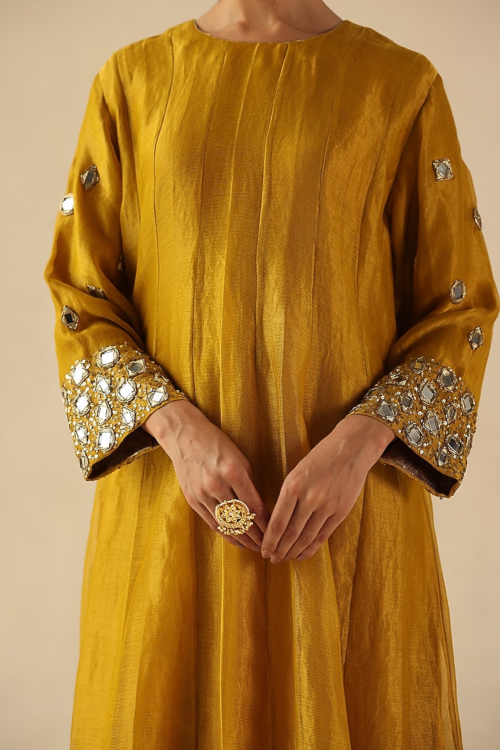 Yellow Zari Silk Mirror Hand Embroidered Kalidar Kurta Set by Begum Pret at Pernia's Pop Up Shop