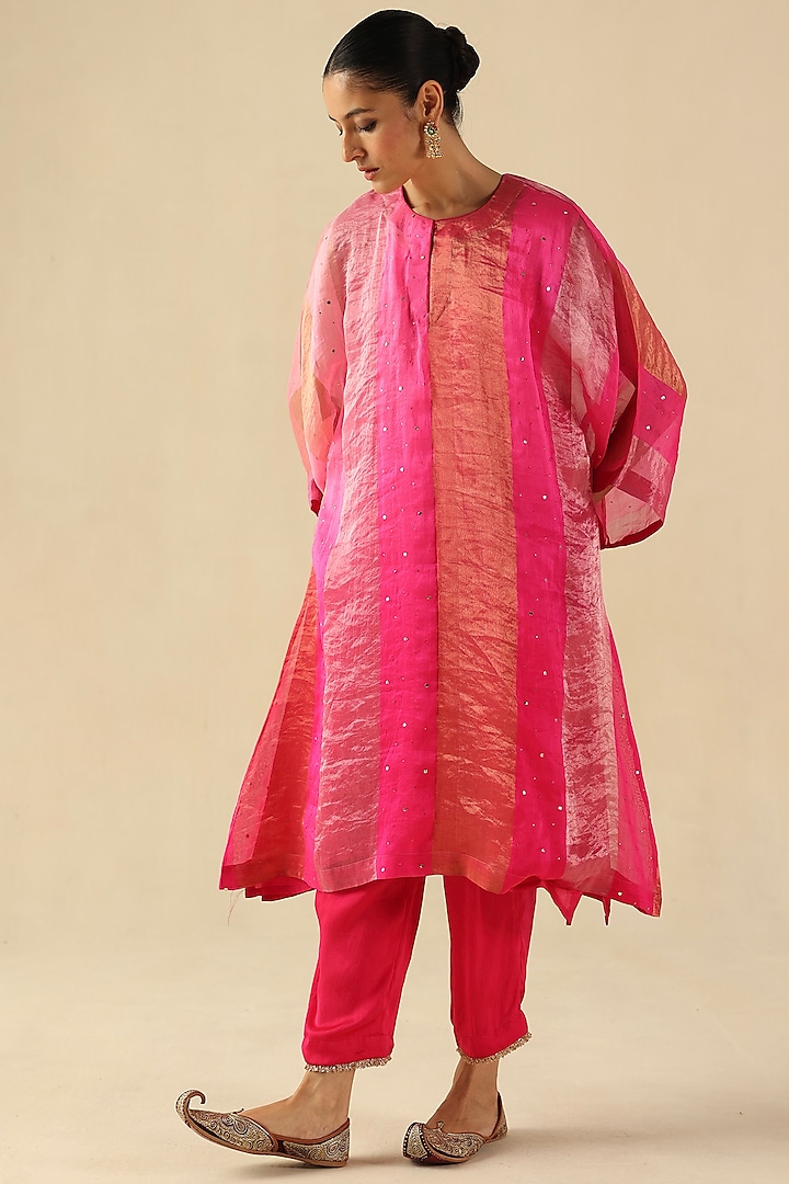 Fuchsia Tissue Organza Silk Mukaish Embroidered Kurta Set by Begum Pret at Pernia's Pop Up Shop
