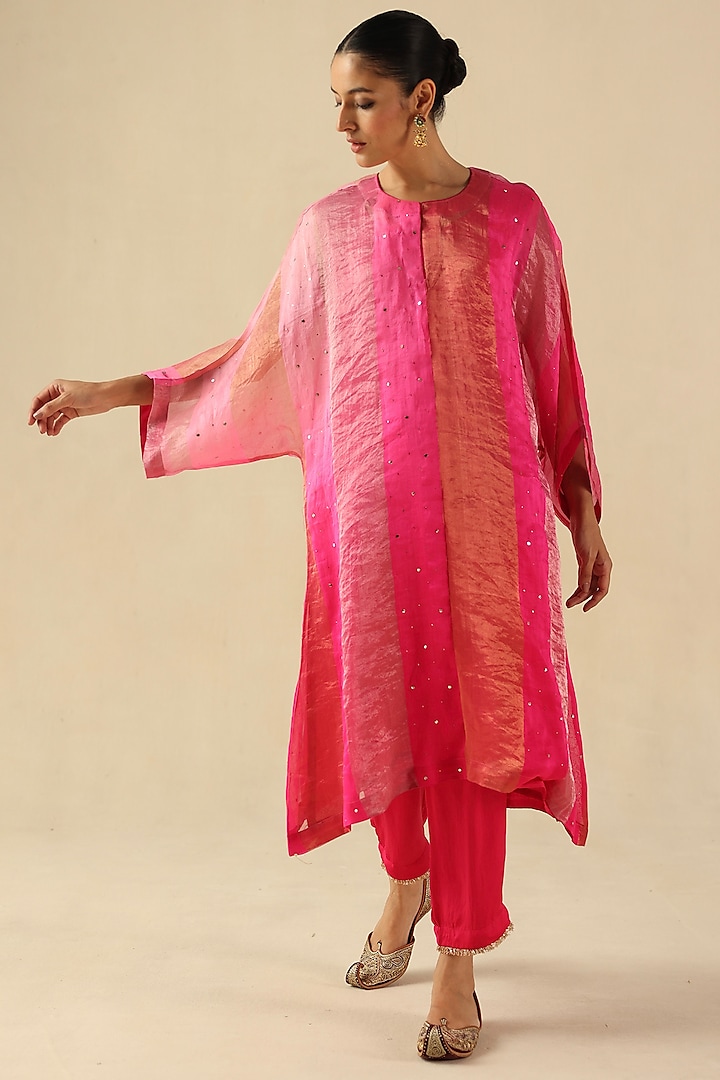 Fuchsia Tissue Organza Silk Mukaish Embroidered Kurta Set by Begum Pret at Pernia's Pop Up Shop