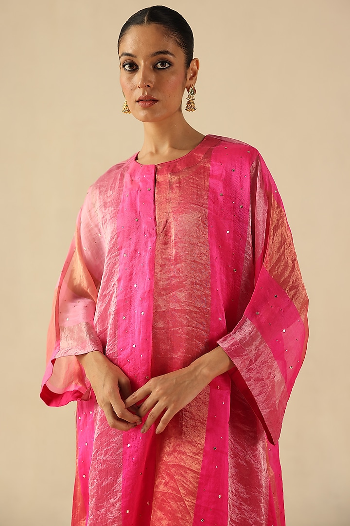 Fuchsia Tissue Organza Silk Mukaish Embroidered Kurta Set by Begum Pret at Pernia's Pop Up Shop