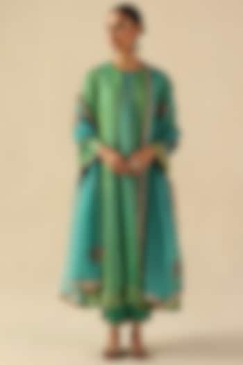 Turquoise Handloom Organza Tissue Silk Kurta Set by Begum Pret at Pernia's Pop Up Shop