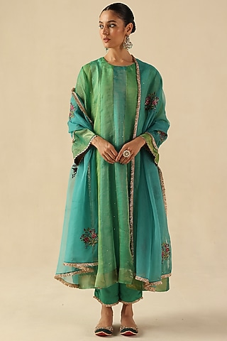 Turquoise Handloom Organza Tissue Silk Kurta Set by Begum Pret