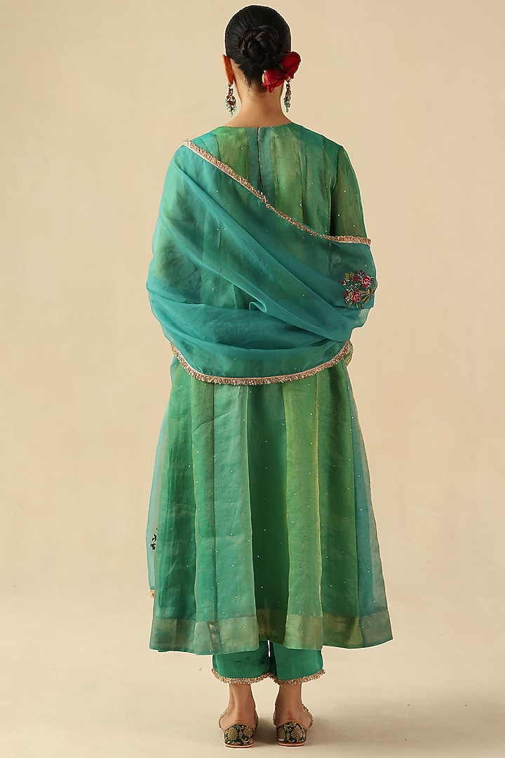 Turquoise Handloom Organza Tissue Silk Kurta Set by Begum Pret at Pernia's Pop Up Shop