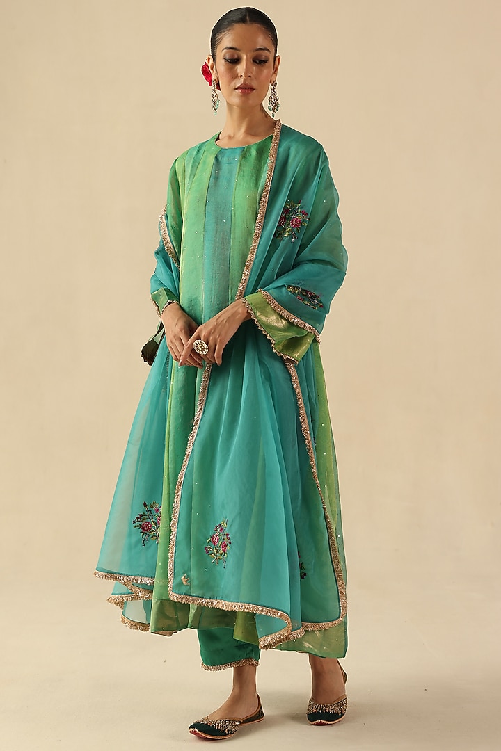 Turquoise Handloom Organza Tissue Silk Kurta Set by Begum Pret at Pernia's Pop Up Shop