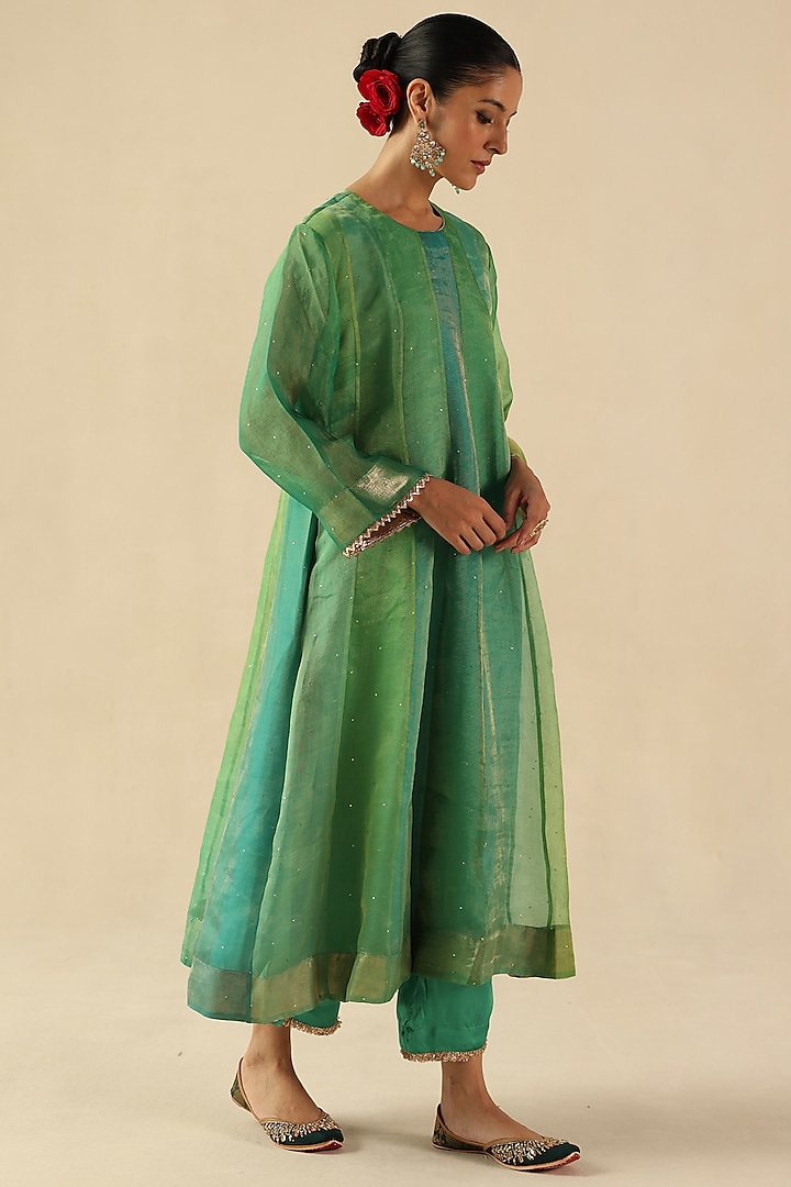 Turquoise Handloom Organza Tissue Silk Kurta Set by Begum Pret at Pernia's Pop Up Shop