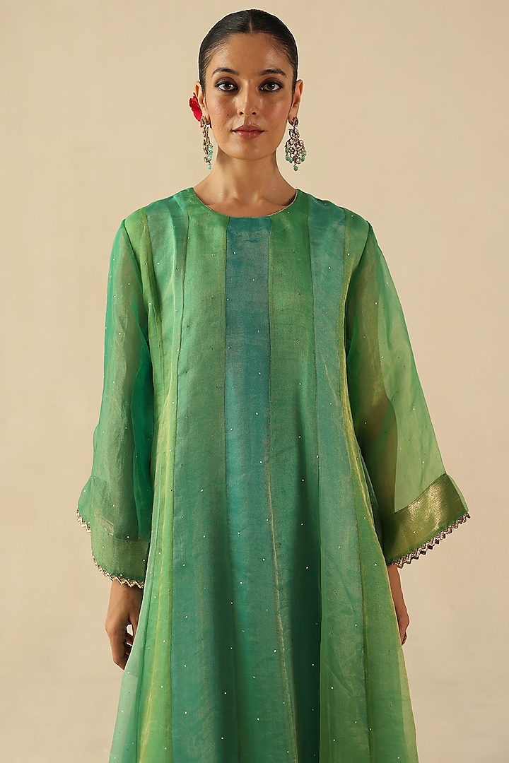 Turquoise Handloom Organza Tissue Silk Kurta Set by Begum Pret at Pernia's Pop Up Shop