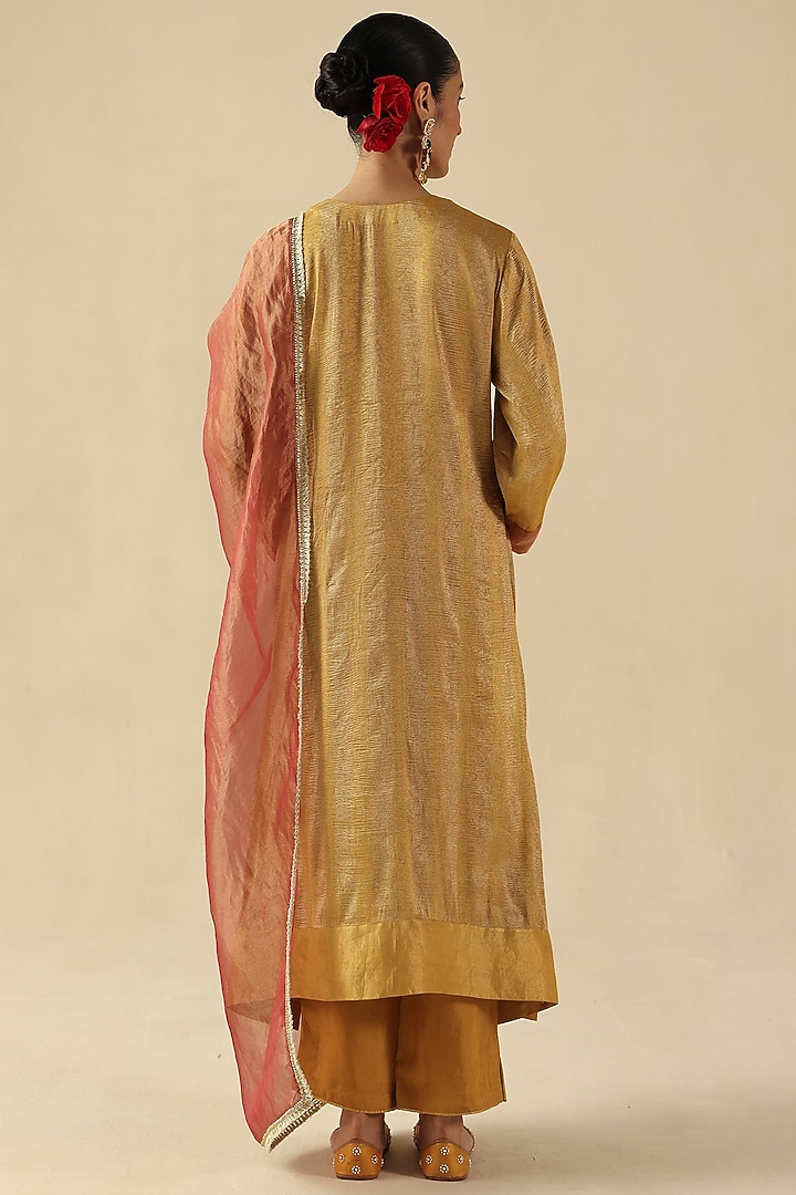 Golden Zari Silk Tissue Woven Striped Kurta Set by Begum Pret at Pernia's Pop Up Shop