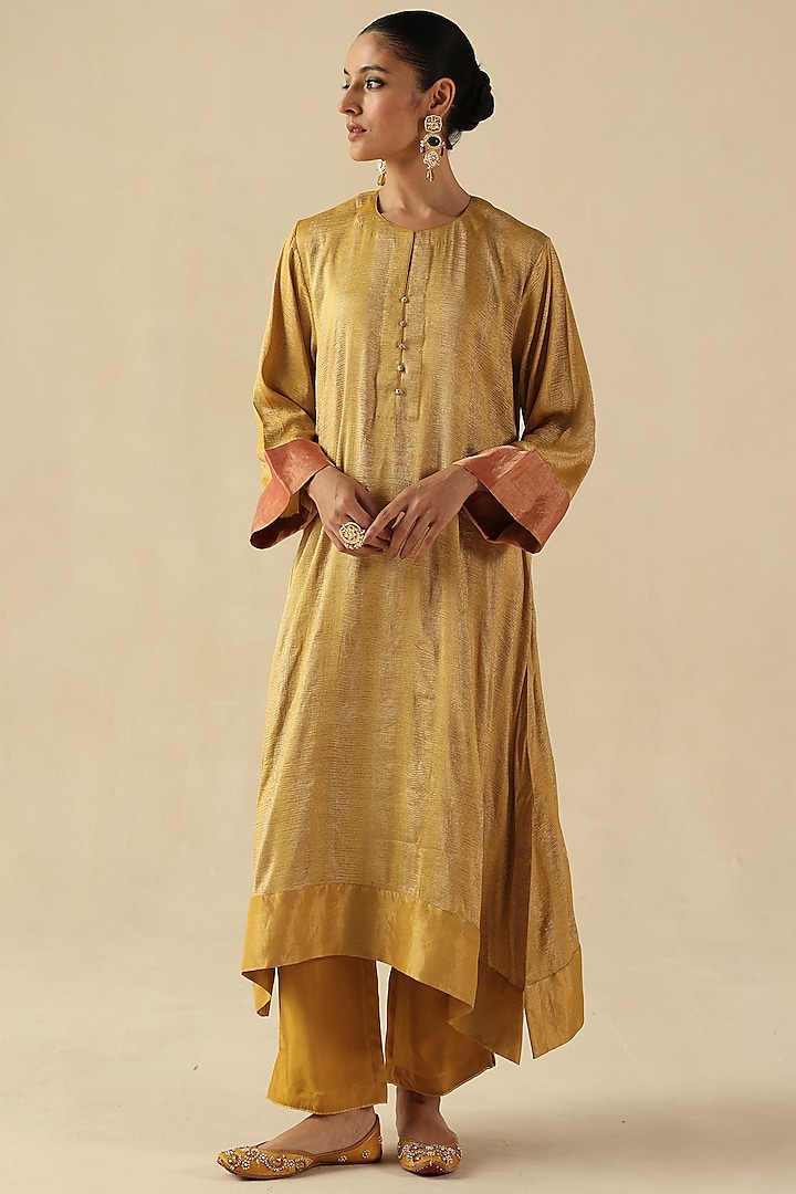 Golden Zari Silk Tissue Woven Striped Kurta Set by Begum Pret at Pernia's Pop Up Shop