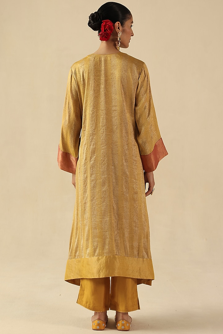 Golden Zari Silk Tissue Woven Striped Kurta Set by Begum Pret at Pernia's Pop Up Shop