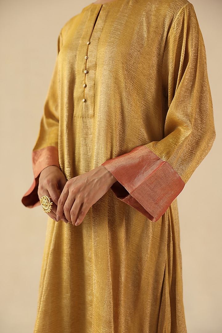 Golden Zari Silk Tissue Woven Striped Kurta Set by Begum Pret at Pernia's Pop Up Shop