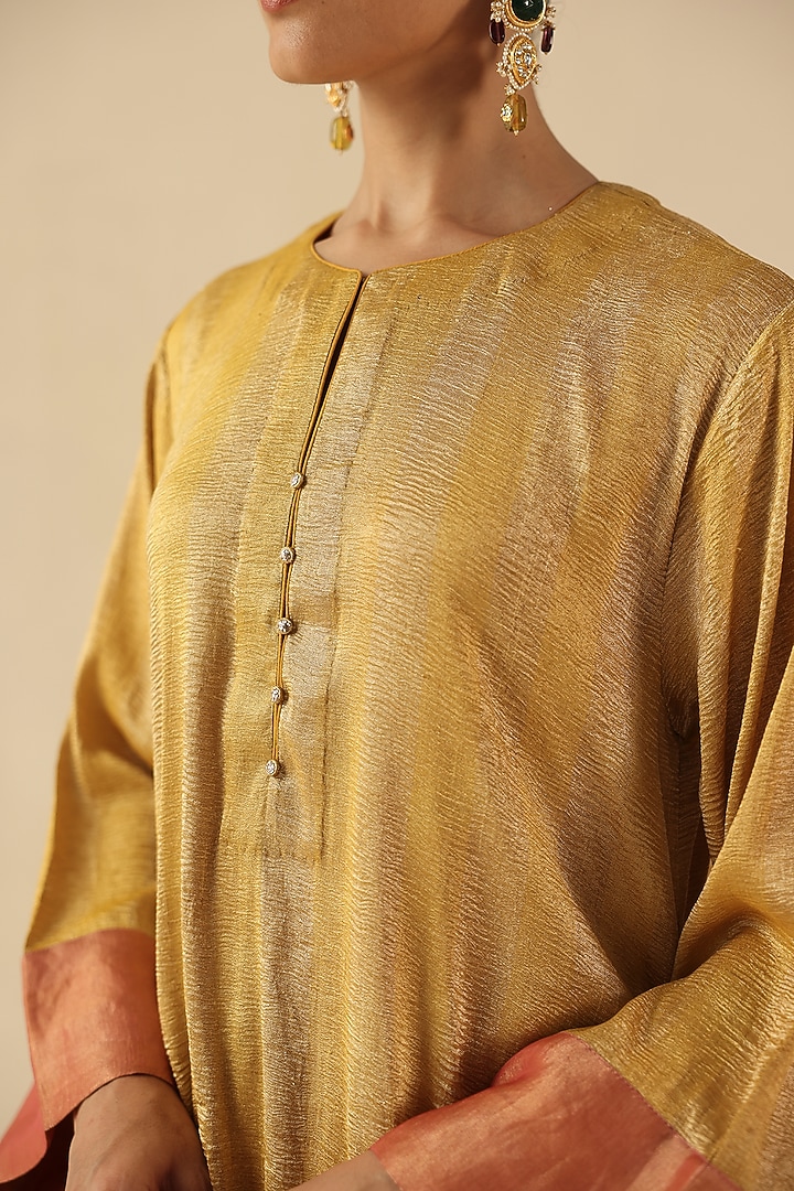 Golden Zari Silk Tissue Woven Striped Kurta Set by Begum Pret at Pernia's Pop Up Shop