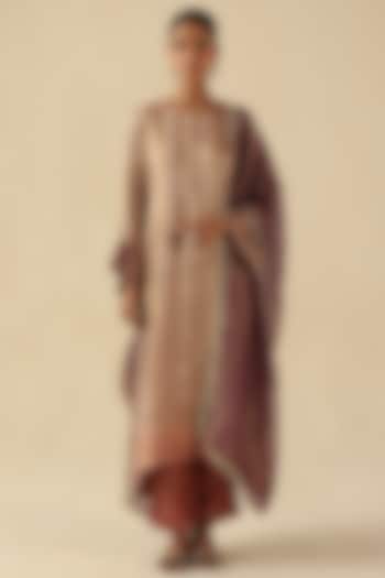 Rose Pink Zari Silk Tissue Woven Striped Kurta Set by Begum Pret at Pernia's Pop Up Shop