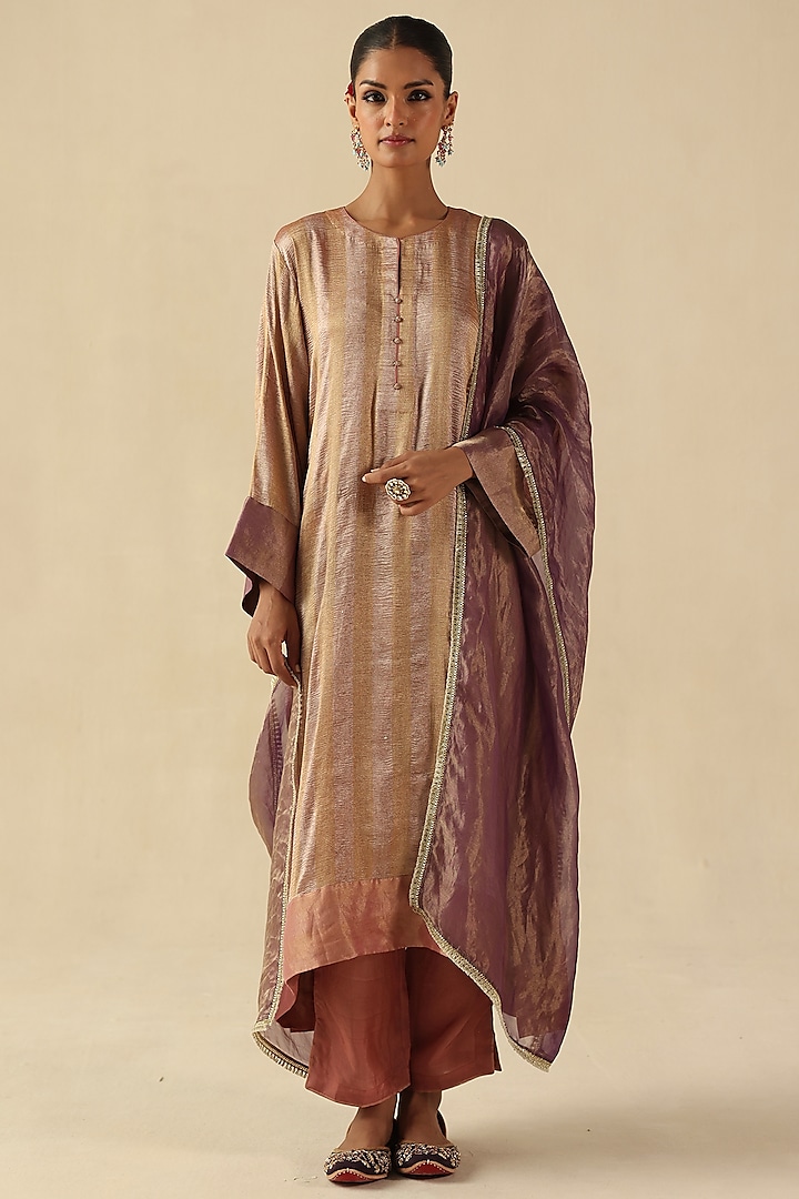 Rose Pink Zari Silk Tissue Woven Striped Kurta Set by Begum Pret at Pernia's Pop Up Shop